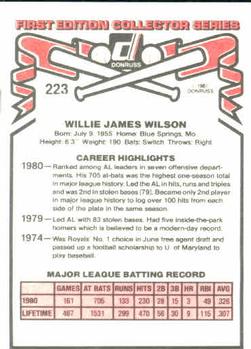 1981 Donruss #223 Willie Wilson Back