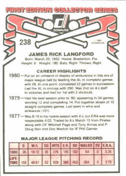1981 Donruss #238 Rick Langford Back