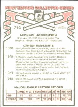1981 Donruss #274 Mike Jorgensen Back