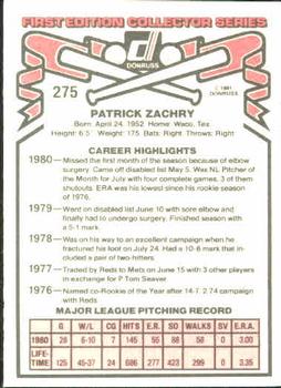 1981 Donruss #275 Pat Zachry Back