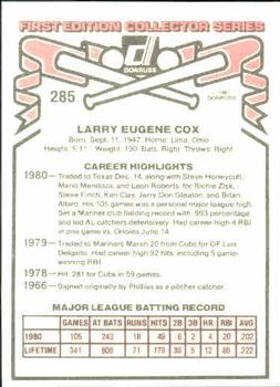 1981 Donruss #285 Larry Cox Back
