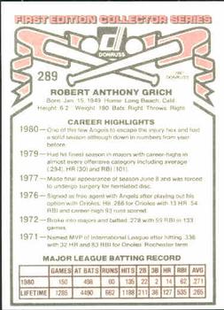 1981 Donruss #289 Bobby Grich Back