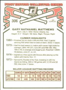 1981 Donruss #306 Gary Matthews Back