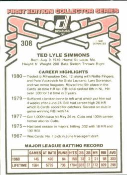 1981 Donruss #308 Ted Simmons Back