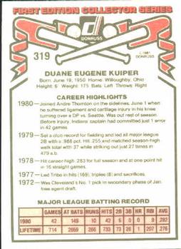 1981 Donruss #319 Duane Kuiper Back