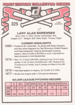 1981 Donruss #325 Lary Sorensen Back