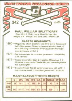 1981 Donruss #342 Paul Splittorff Back