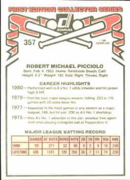 1981 Donruss #357 Rob Picciolo Back