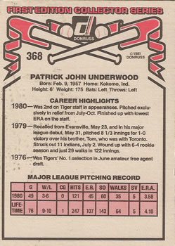 1981 Donruss #368 Pat Underwood Back