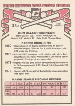 1981 Donruss #375 Don Robinson Back