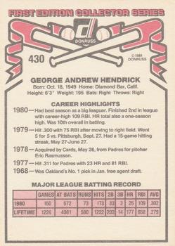 1981 Donruss #430 George Hendrick Back
