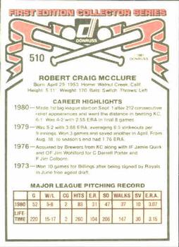1981 Donruss #510 Bob McClure Back