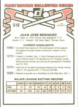 1981 Donruss #518 Juan Beniquez Back