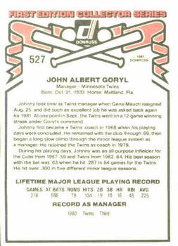 1981 Donruss #527 John Goryl Back