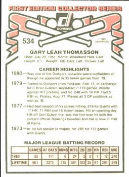 1981 Donruss #534 Gary Thomasson Back