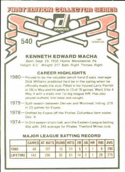 1981 Donruss #540 Ken Macha Back