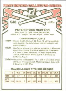 1981 Donruss #548 Pete Redfern Back