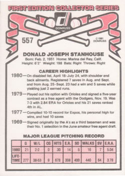 1981 Donruss #557 Don Stanhouse Back