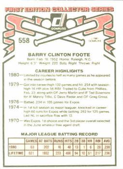 1981 Donruss #558 Barry Foote Back