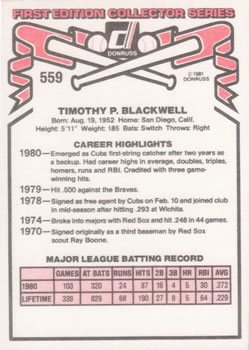 1981 Donruss #559 Tim Blackwell Back
