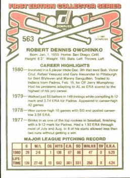 1981 Donruss #563 Bob Owchinko Back