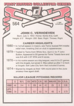 1981 Donruss #564 John Verhoeven Back
