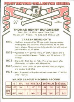 1981 Donruss #97 Tom Burgmeier Back