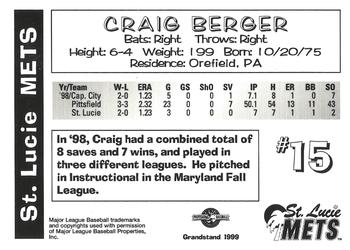 1999 Grandstand St. Lucie Mets #NNO Craig Berger Back