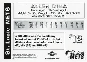 1999 Grandstand St. Lucie Mets #NNO Allen Dina Back