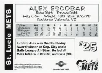 1999 Grandstand St. Lucie Mets #NNO Alex Escobar Back