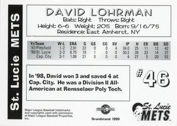 1999 Grandstand St. Lucie Mets #NNO David Lohrman Back