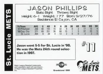 1999 Grandstand St. Lucie Mets #NNO Jason Phillips Back
