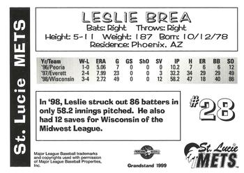 1999 Grandstand St. Lucie Mets #NNO Leslie Brea Back