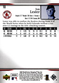 2007 Upper Deck World Series Champions Boston Red Sox #10 Jon Lester Back