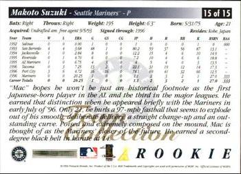 1997 Score Seattle Mariners #15 Makoto Suzuki Back