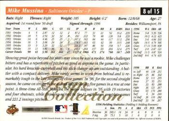 1997 Score Baltimore Orioles #8 Mike Mussina Back