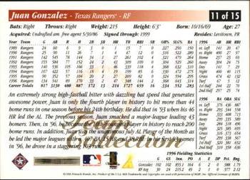 1997 Score Texas Rangers #11 Juan Gonzalez Back