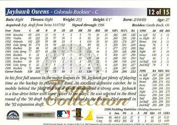 1997 Score Colorado Rockies #12 Jayhawk Owens Back