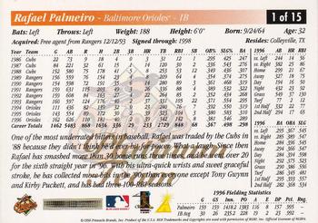 1997 Score Baltimore Orioles - Platinum Team #1 Rafael Palmeiro Back