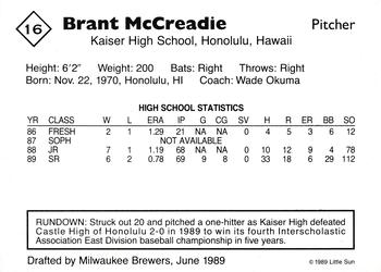 1989 Little Sun High School Prospects #16 Brant McCreadie Back