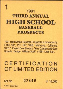 1991 Little Sun High School Prospects #1 Title Card Back