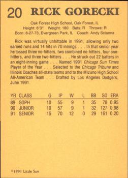 1991 Little Sun High School Prospects #20 Rick Gorecki Back