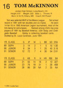 1991 Little Sun High School Prospects Gold #16 Tom McKinnon Back
