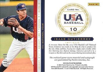 2012 Panini Elite Extra Edition - USA Baseball 15U Game Jersey Signatures #10 Isaak Gutierrez Back