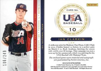 2012 Panini Elite Extra Edition - USA Baseball 18U Game Jersey Signatures #10 Ian Clarkin Back