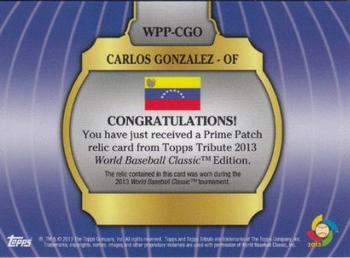2013 Topps Tribute WBC - Prime Patches Orange #WPP-CGO Carlos Gonzalez Back