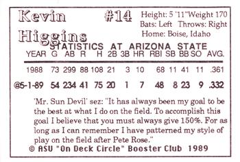 1989 Arizona State Sun Devils #NNO Kevin Higgins Back