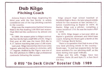 1989 Arizona State Sun Devils #NNO Dub Kilgo Back