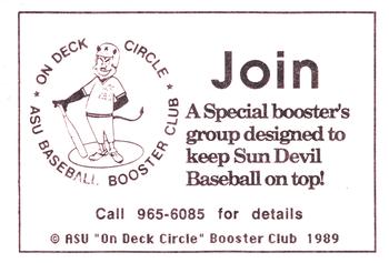 1989 Arizona State Sun Devils #NNO ASU Baseball Boosters Back