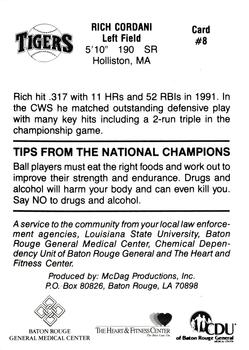 1991 LSU Tigers #8 Rich Cordani Back